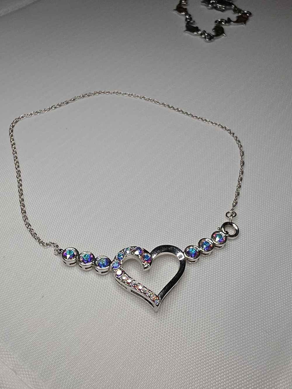 Silver Heart Pendant Necklace with Aurora Borealis Crystals